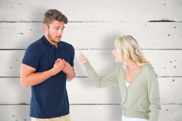 Composite image of woman accusing her guilty looking boyfriend