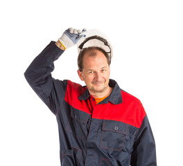 Worker with white helmet.