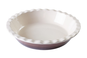 Round baking dish empty isolated on white . Horizontal close-up