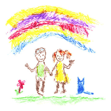 Two children under the rainbow. Child's drawing