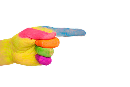 Pointing colorful hand, ready for text or symbols.