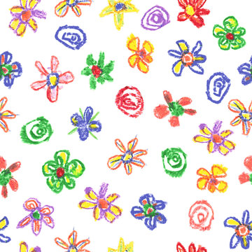 Child's drawing of flowers. Seamless pattern, vector