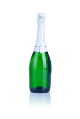 bottle of champagne isolated on a white background with reflecti