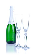 two glasses with champagne bottle isolated on a white background