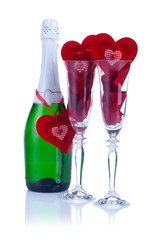 two glasses with rose and heart on Valentine with a white backgr