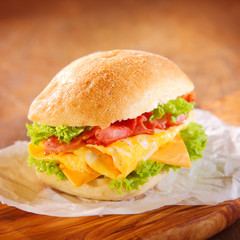 Tasty hamburger with ham, cheese and lettuce