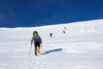 Fototapeta na wymiar Winter hiking in the mountains on snowshoes .