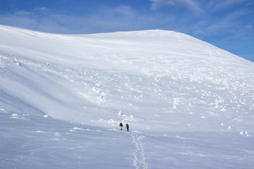 winter hiking in the mountains.