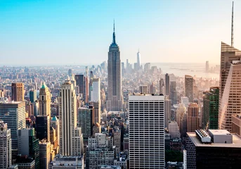 Photo sur Plexiglas New York New York. Vue sur Manhattan. Coucher de soleil au sommet du rocher.