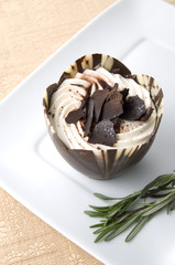 Chocolate Mocha Cake on White Plate view from Above
