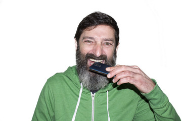 bearded man with mobile