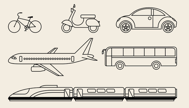 Line graphics set of different personal and public transport