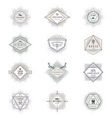 Set of sunburst line signs and emblems with hipster symbols