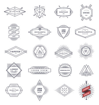 Naklejki Set of hipster line emblems and signs with sunburst