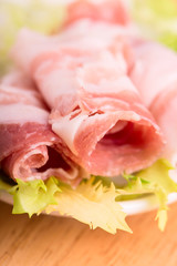 sliced bacon close up - selective focus