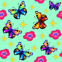 Fototapeta na wymiar green background seamless butterfly flower