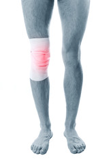pain in a knee. the sore point is tied up. Monochrome photo 
