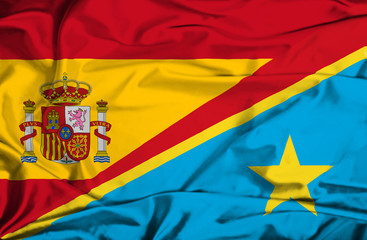 Waving flag of Congo Democratic Republic and Spain