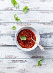 Chili pepper and garlic pesto in a small dish