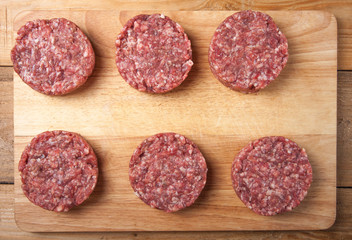 Raw cutlet of minced meat on a wooden cutting board