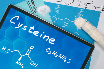Tablet with the chemical formula of  Cysteine. Amino acids.