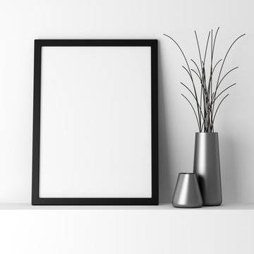 Blank Black Photo Frame On White Shelf