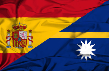 Waving flag of Nauru and Spain