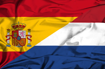 Waving flag of Netherlands and Spain