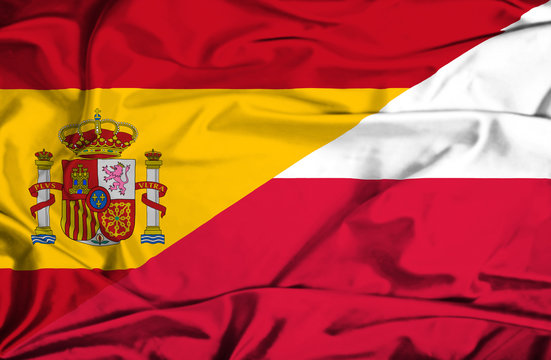 Waving flag of Poland and Spain