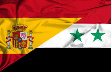 Waving flag of Syria and Spain