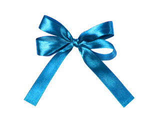 Blue (azure) fabric ribbon and bow on white background