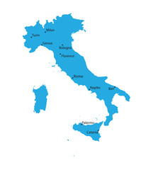 blue map of Italy with indication of biggest cities
