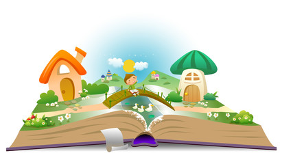 Open book with boy and fairy landscape