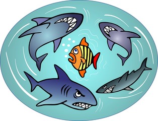 kleiner Fisch im Haifischbecken farbig