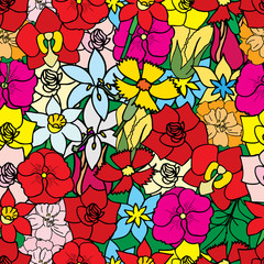 Beautiful summer ornate from many flowers, seamless pattern. Vec
