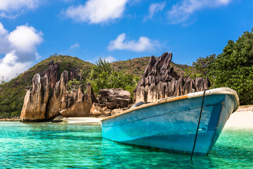 Tropical beach at Curieuse island Seychelles - obrazy, fototapety, plakaty