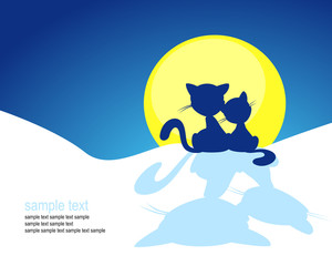cat silhouette in winter sunset - vector illustration