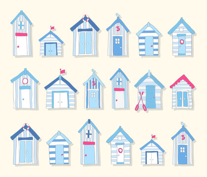 Hand Drawn Blue And Pink Beach Huts On A Light Background