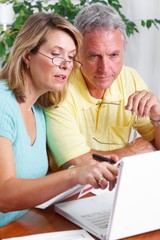 Senior couple at home with computer.