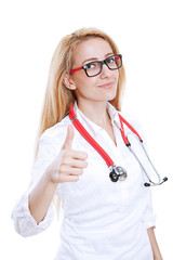 Female Doctor Gesturing Thumbs Up