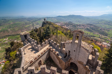 Panoramic view of a old tower Montale with fortress Guaita in th
