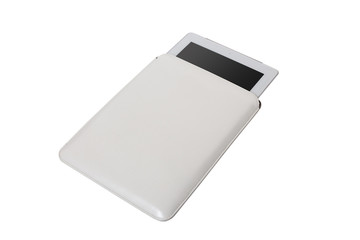 Closed white tablet case on white background