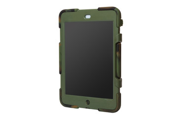 Tablet computer in a military case. khaki