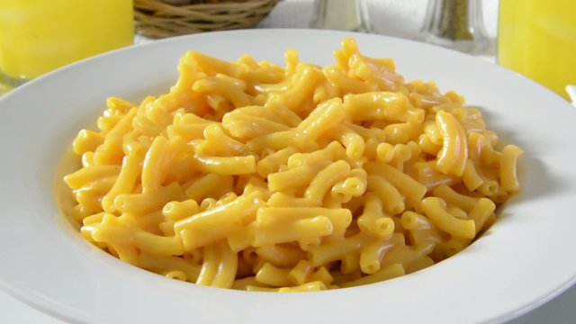 Pan shot into a bowl of macaroni and cheese