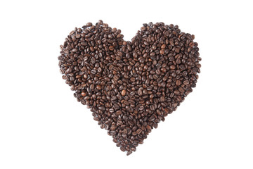 Roasted coffee beans in heart shape