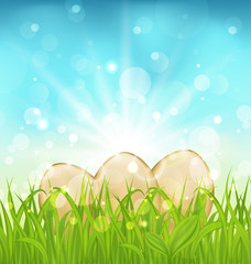 Easter background with eggs in grass