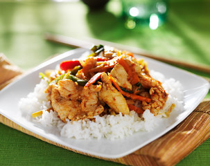 thai panang red curry dish on green table cloth