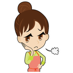 溜息をつくエプロンの若い女性