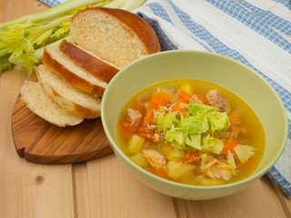 Salmon soup with homemade bread