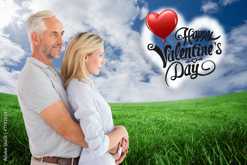 Poster composite image of happy couple smiling and embracing